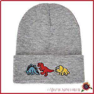 NEW Kids Cartoon Colorful Dancing Dinosaur Heather Grey Embroidery Beanie
